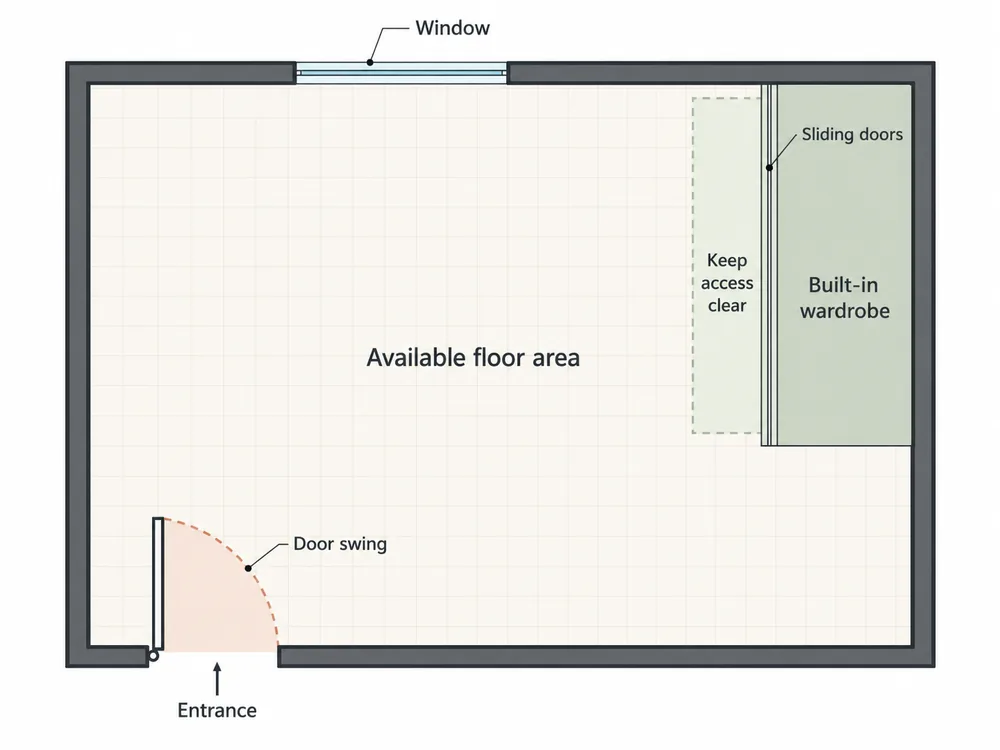 Small bedroom floor plan showing door swing, window and wardrobe before furniture placement