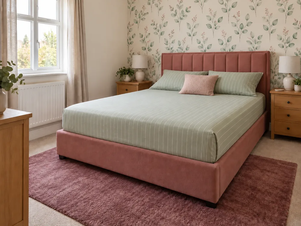 Rental bedroom with a sage botanical wallpaper feature wall behind a double bed.