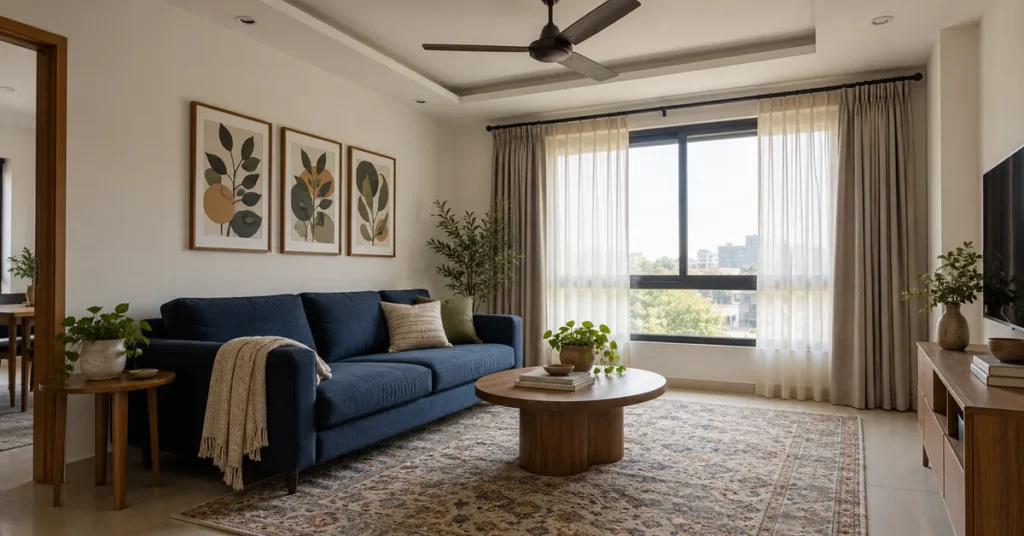 Blue sofa beneath a coordinated trio of framed prints in a rental living room