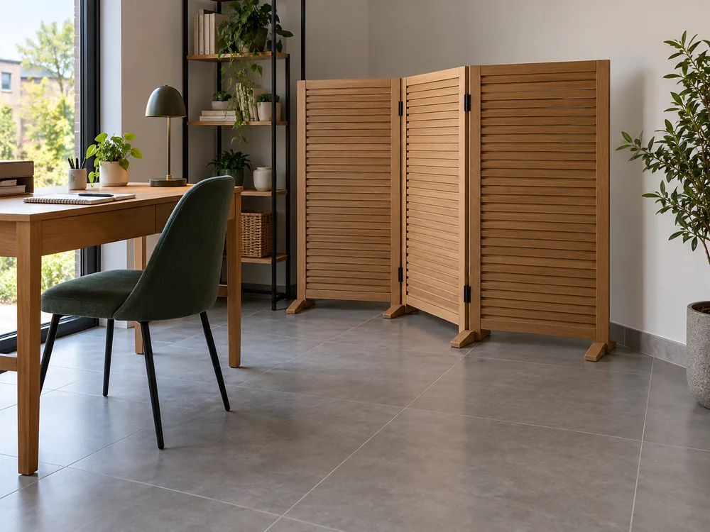 Freestanding folding screen with a wood-slat appearance beside a compact desk.