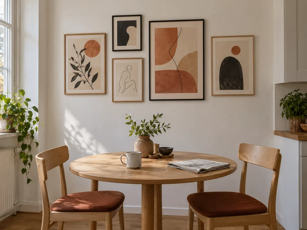 Five coordinated framed prints arranged above a small apartment dining nook.