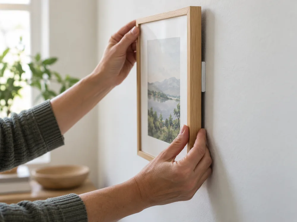 Hands pressing a small picture frame into place on a smooth painted wall.