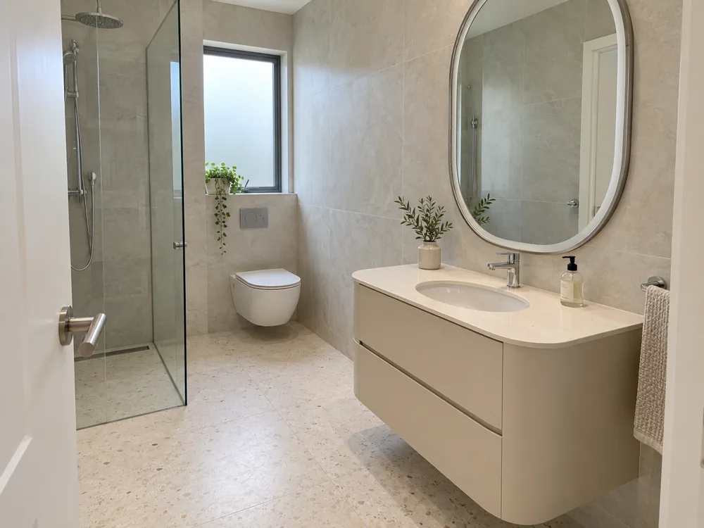 Slim-frame mirror above a compact bathroom vanity