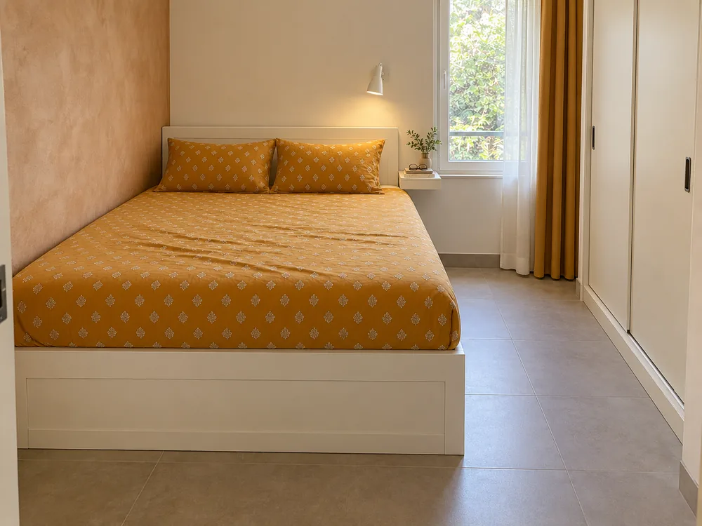 Small bedroom with one side of the bed placed against the wall to create walking space