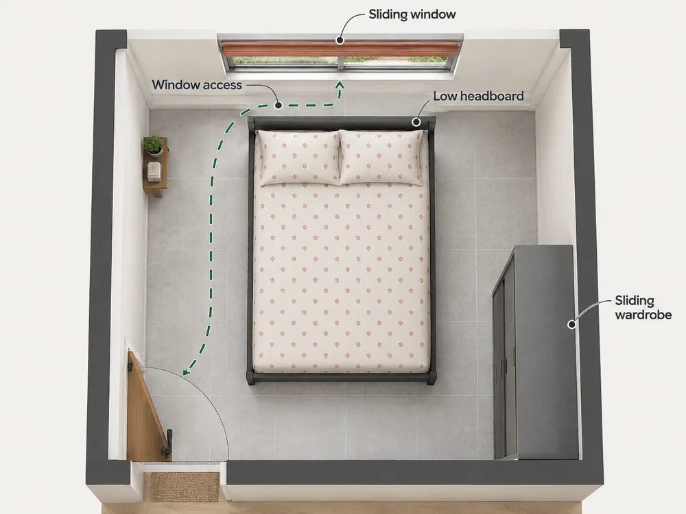 Small bedroom layout with the bed positioned below a window