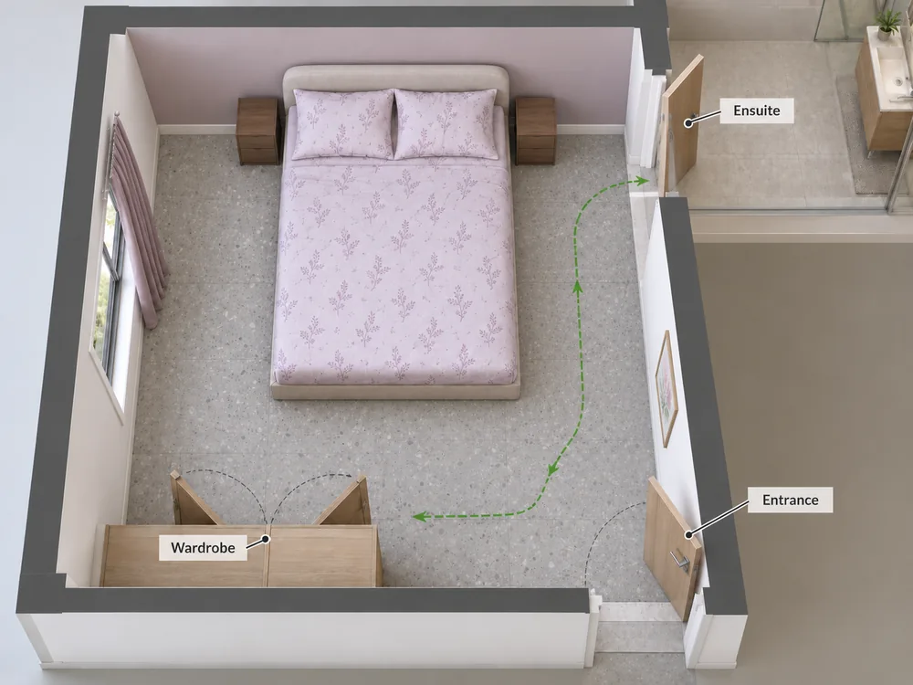 Awkward small bedroom layout designed around multiple door openings