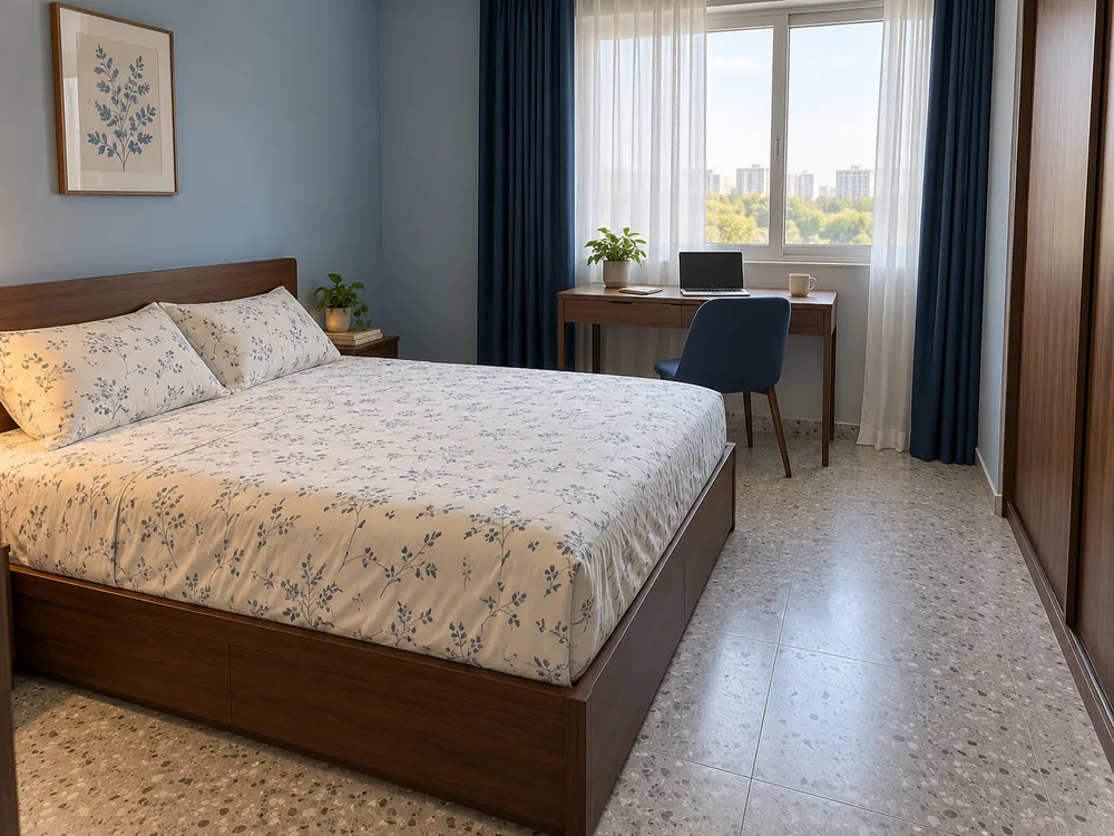 Small bedroom layout with a compact desk and space around the bed