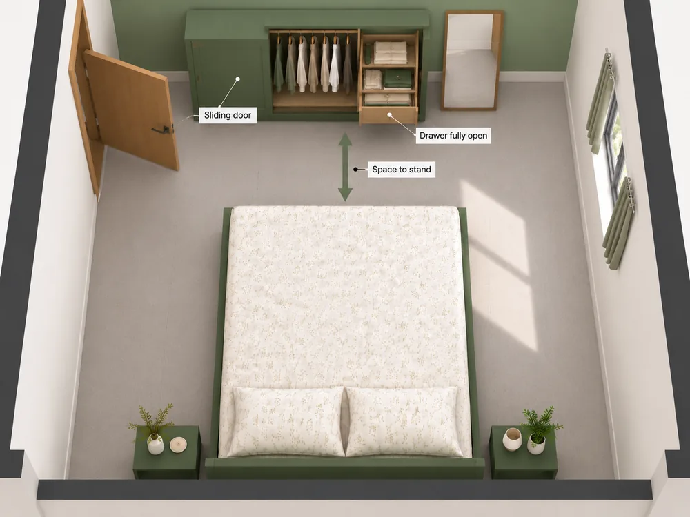 Small bedroom furniture layout allowing access to the wardrobe
