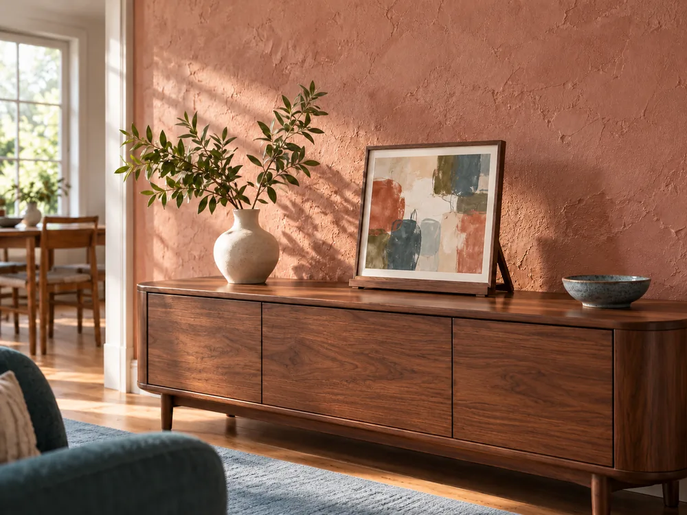 Framed print on a secure tabletop stand against a visibly textured rental wall.