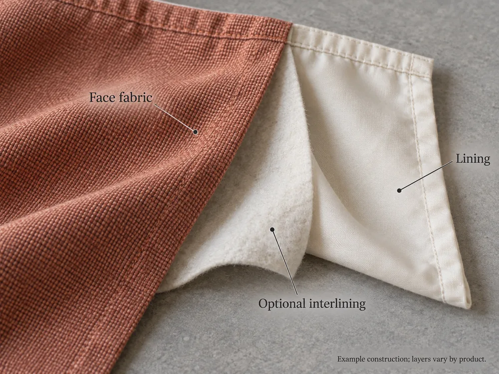 Terracotta curtain sample with separated face fabric, optional interlining and pale lining, labelled as an example construction.