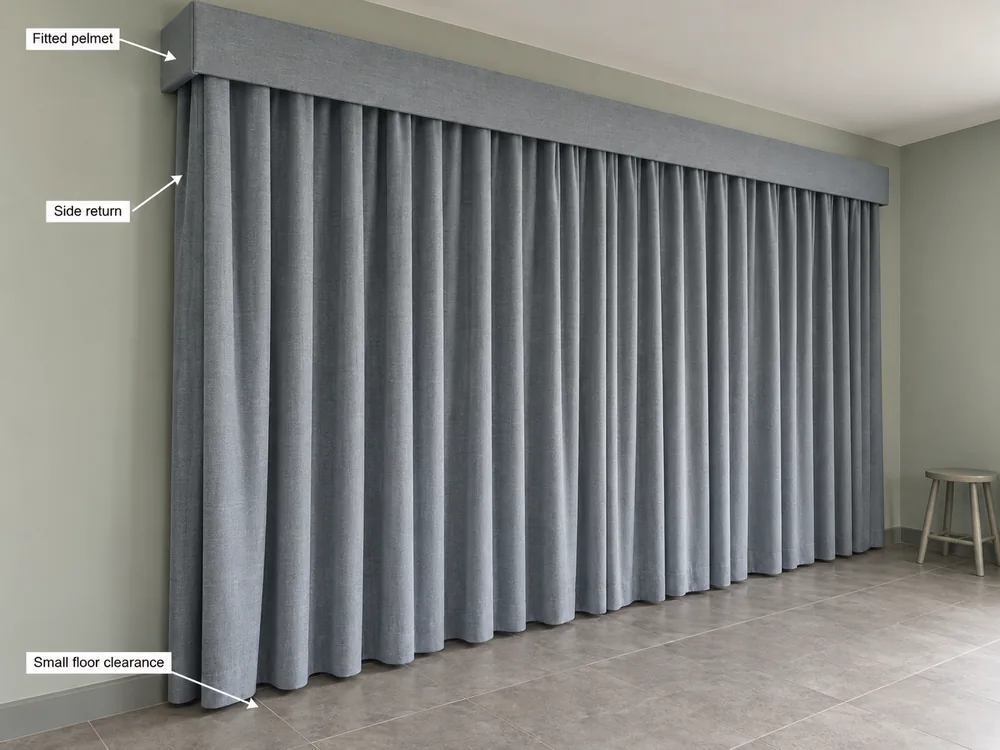 Blue-grey curtains with labelled fitted pelmet, side return and small floor clearance.