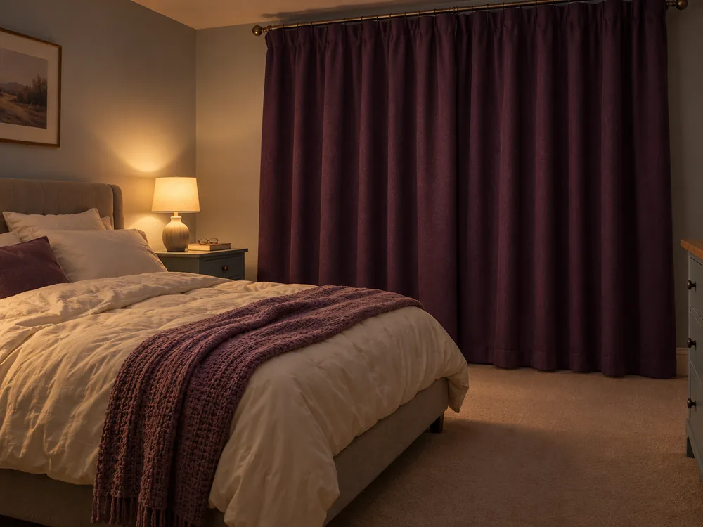 Closed plum curtains with centre overlap in a small bedroom with cream bedding and a lit bedside lamp