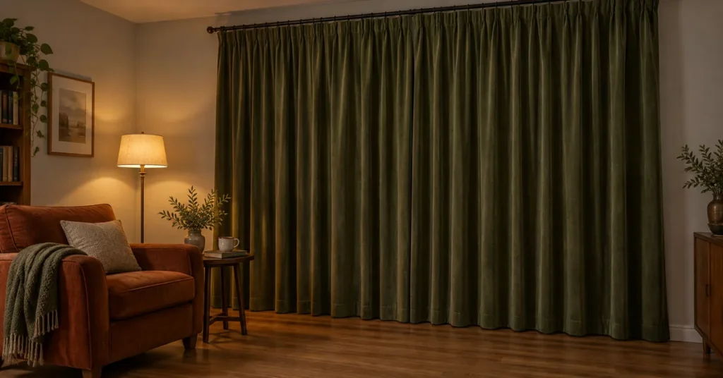 Closed olive curtains cover a broad living-room window beside a rust armchair, with hems just above the floor.