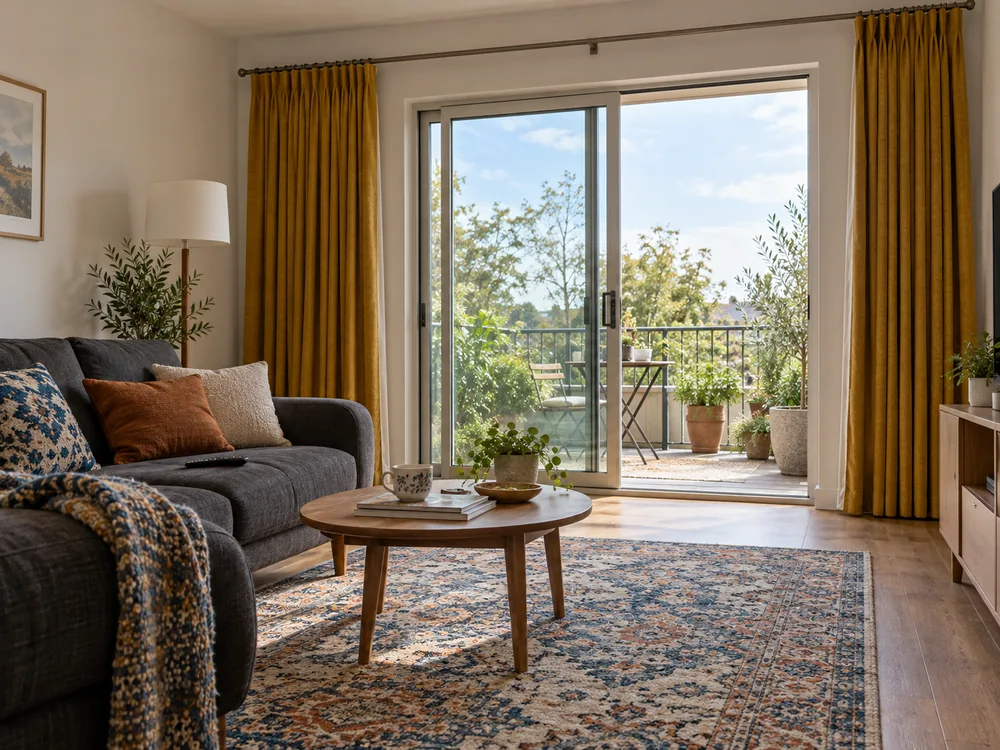 Open mustard curtains stack beside a patio door, leaving access clear in a living room with a charcoal sofa and patterned rug