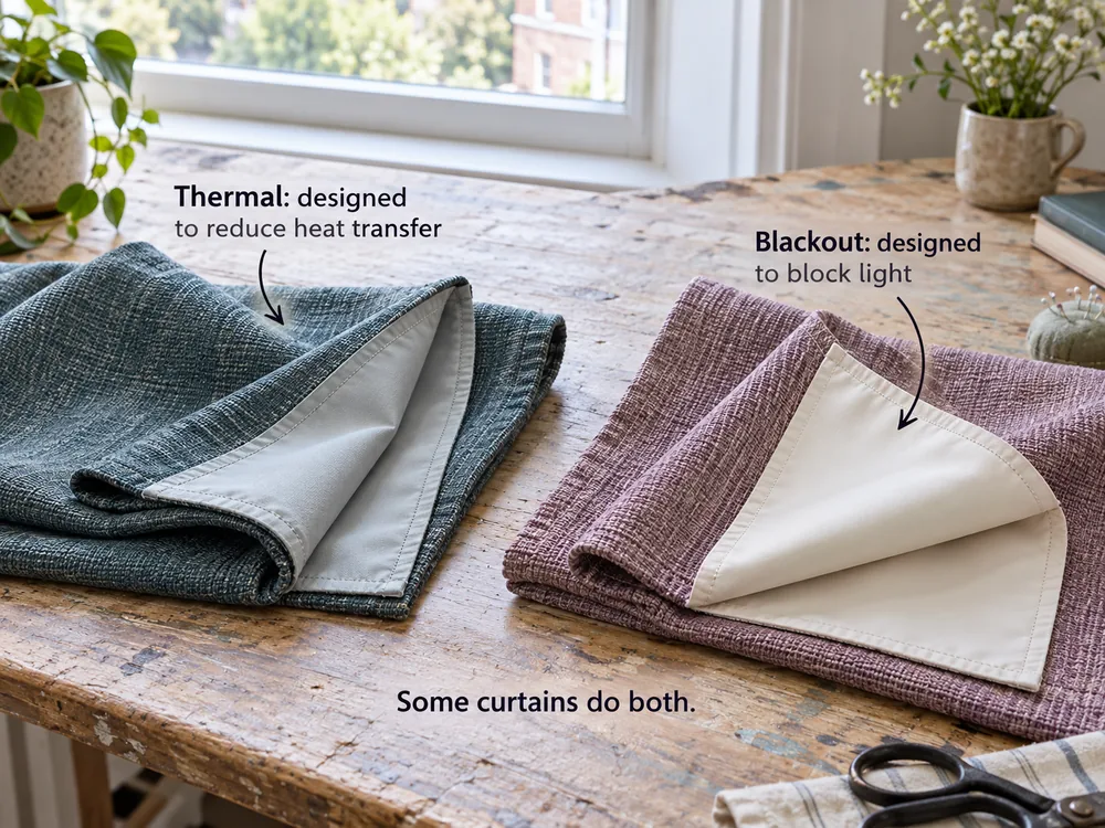 Two curtain samples with visible backing on a worktable, labelled with thermal and blackout functions.