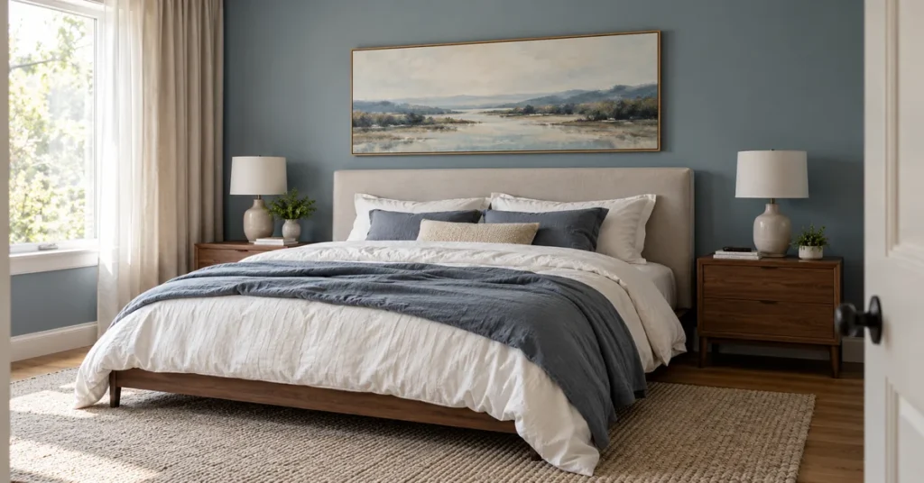 Horizontal landscape artwork centred above a blue bedroom headboard.