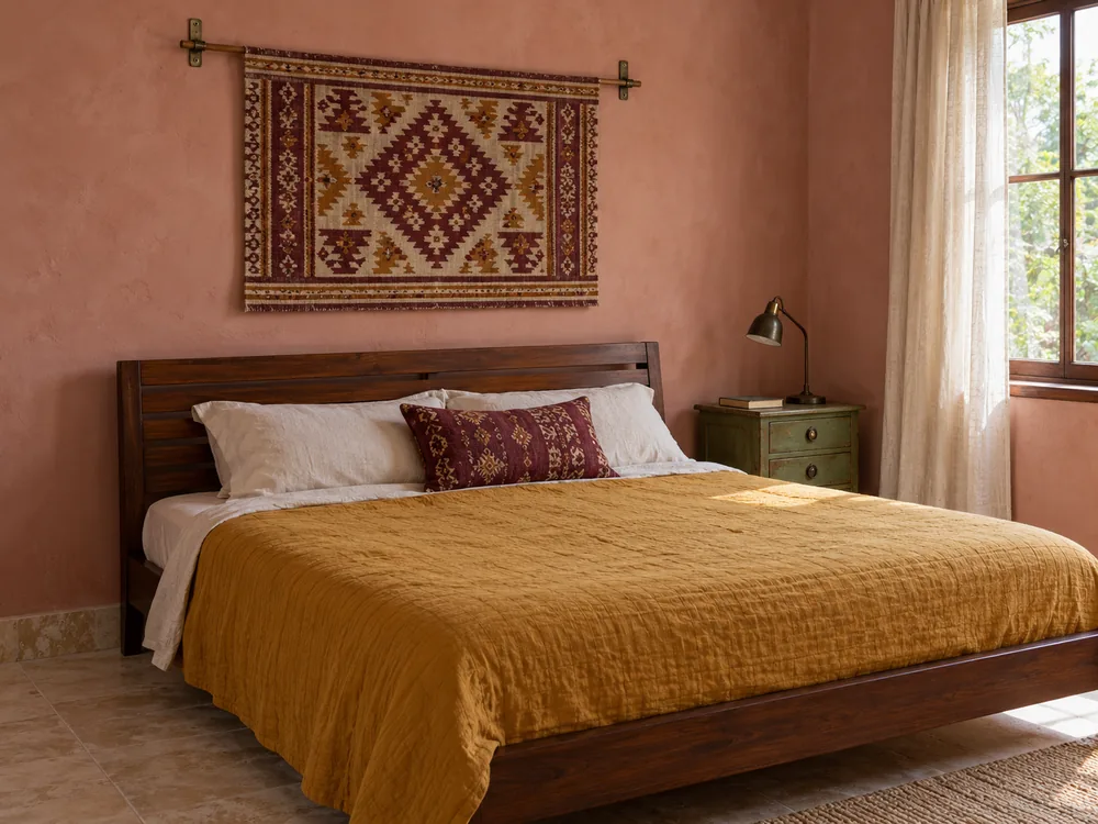 Patterned woven textile on a bracket-supported rod above a wooden bed.